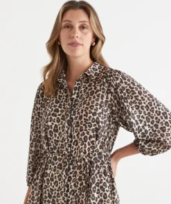 Sussan Dresses>Leopard Print Belted Midi Shirt Dress NATURAL