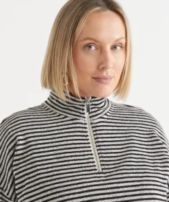 Sussan Tops|T-Shirts>Lightweight Quarter-Zip Jumper - Black Stripe BLACK/NATURAL