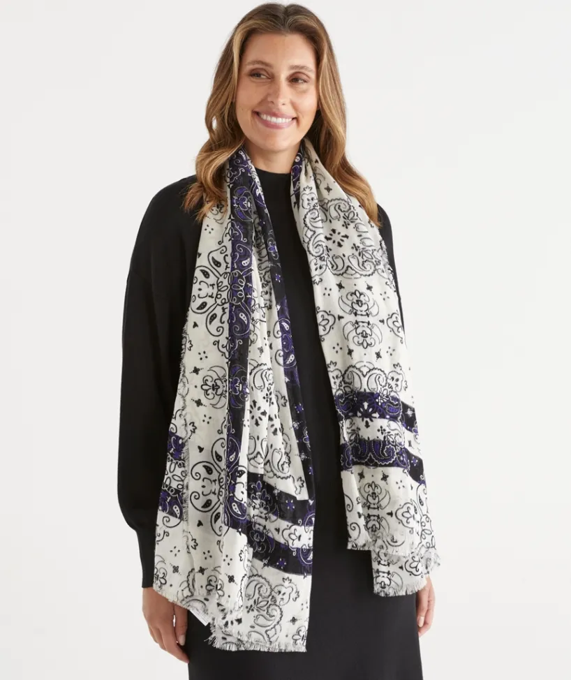 Sussan Knit Accessories|Scarves>Linear Paisley Print Scarf WHITE