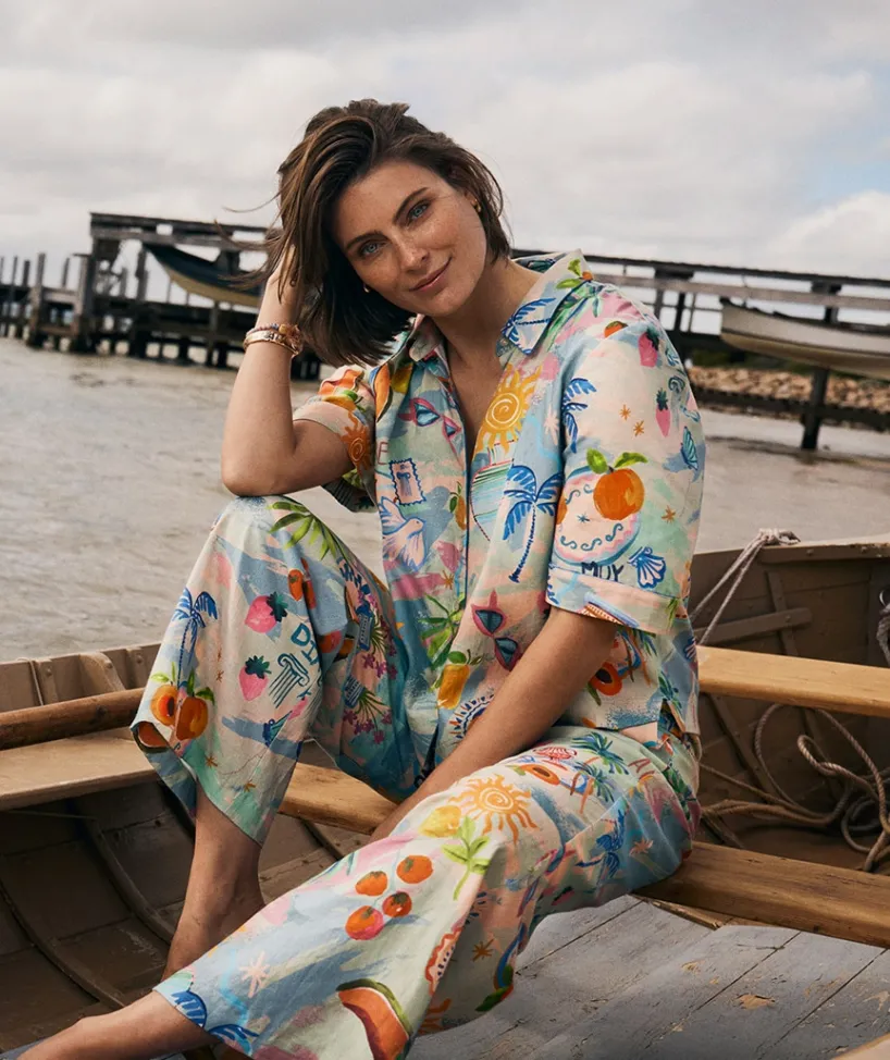 Sussan Tops|Matching Sets>LINEN BLEND COSTA DEL SOL SHIRT BLUE