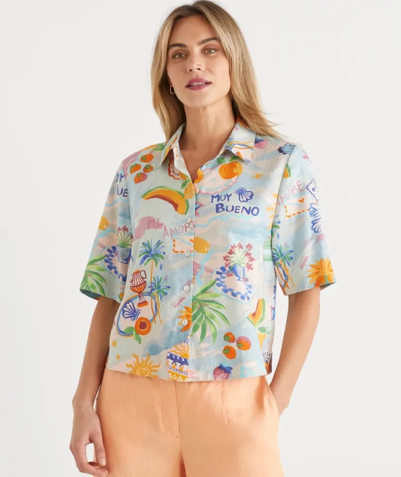 Sussan Tops|Matching Sets>LINEN BLEND COSTA DEL SOL SHIRT BLUE