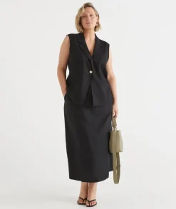 Sussan Skirts>Linen Column Midi Skirt BLACK