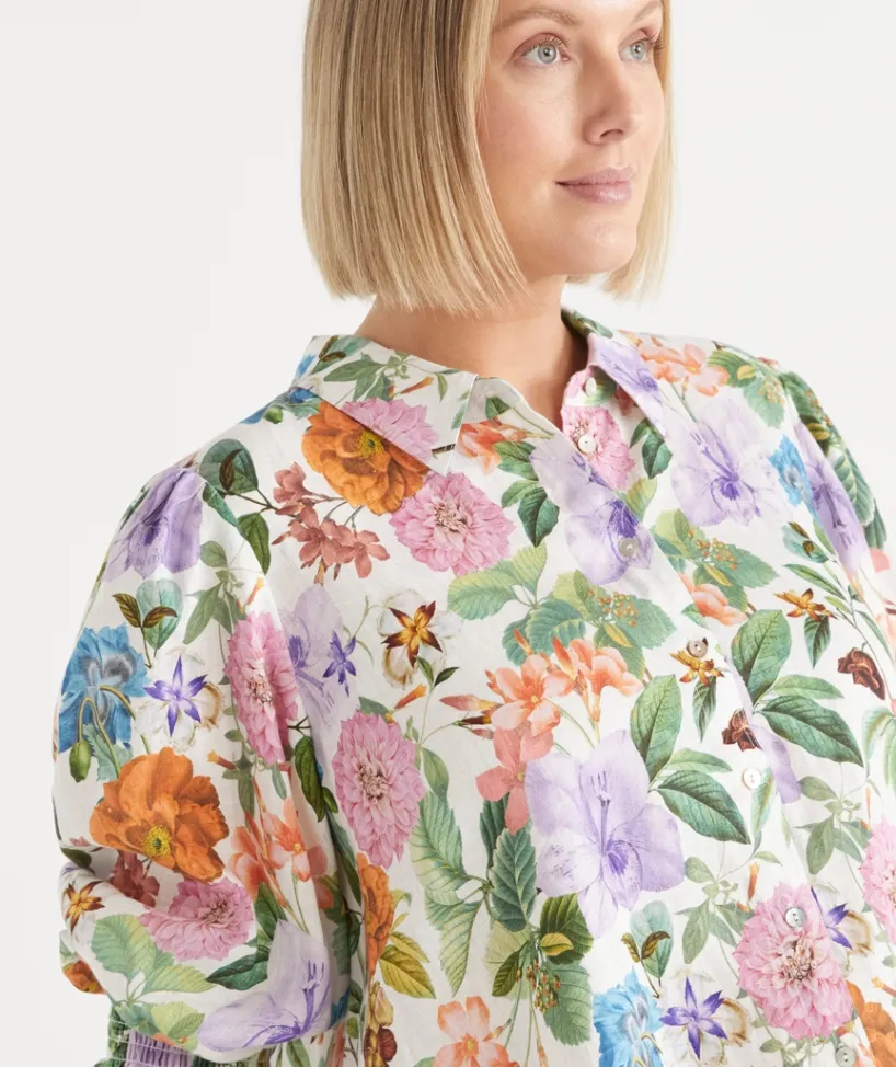 Sussan Tops|Matching Sets>Linen Floral Botanical 3/4 Sleeve Shirt ANTIQUE WHITE