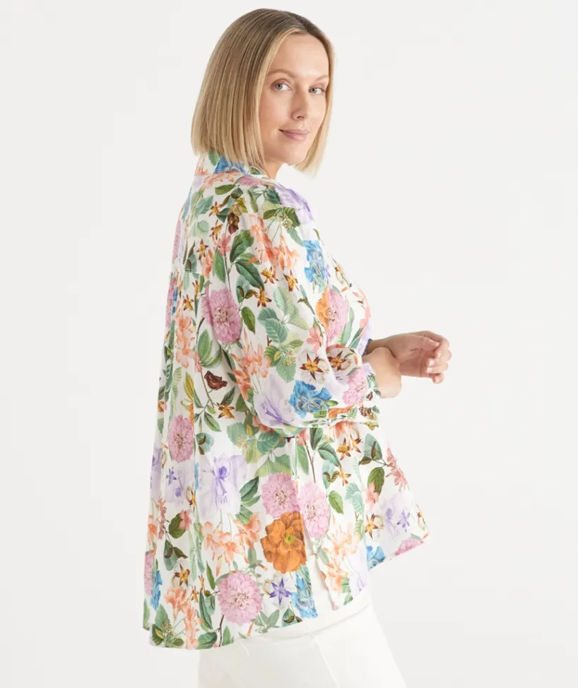 Sussan Tops|Matching Sets>Linen Floral Botanical 3/4 Sleeve Shirt ANTIQUE WHITE