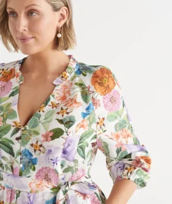 Sussan Dresses>Linen Floral Botanical Long Sleeve Dress ANTIQUE WHITE