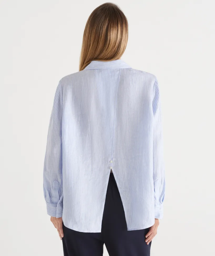 Sussan Tops|Shirts & Blouses>LINEN SPLIT BACK STRIPED SHIRT BLUE MIST