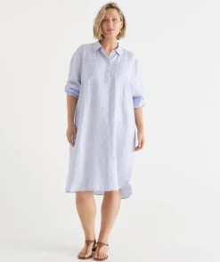 Sussan Dresses>Linen Stripe Midi Shirt Dress SOFT BLUE