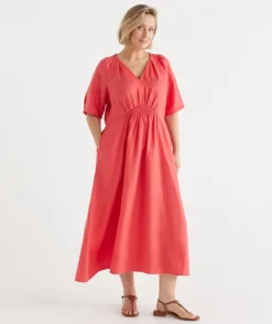 Sussan Dresses>Linen V Neck Shirred Short Sleeve Midi Dress WATERMELON