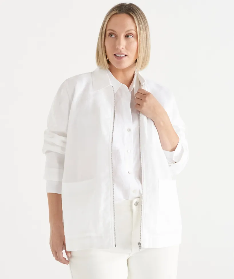 Sussan Jackets & Coats|Jackets>Linen Zip Front Collared Jacket WHITE