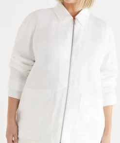 Sussan Jackets & Coats|Jackets>Linen Zip Front Collared Jacket WHITE