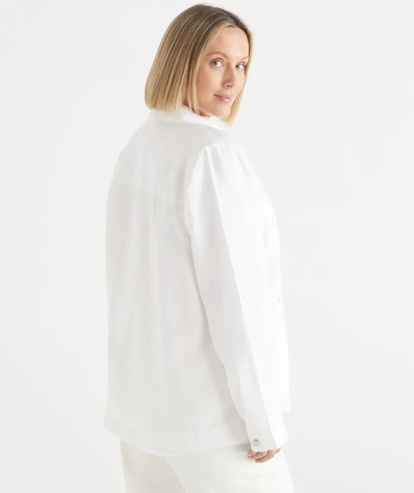 Sussan Jackets & Coats|Jackets>Linen Zip Front Collared Jacket WHITE