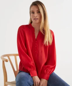 Sussan Tops|Shirts & Blouses>Long Sleeve Button Detail Blouse - Red ROUGE