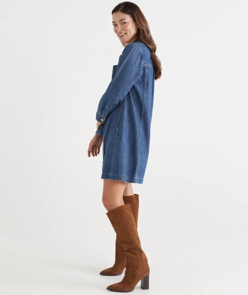 Sussan Dresses|Denim>Long Sleeve Denim Button Up Dress DARK WASH