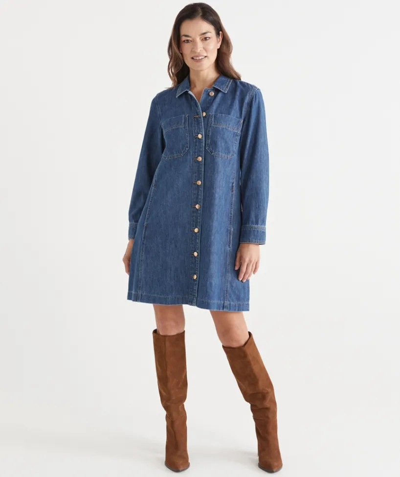 Sussan Dresses|Denim>Long Sleeve Denim Button Up Dress DARK WASH