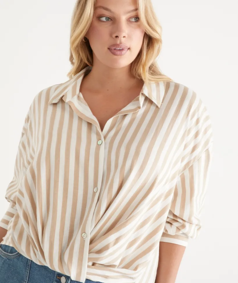 Sussan Tops|Shirts & Blouses>Long Sleeve Front Knot Stripe Shirt NATURAL