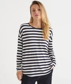 Sussan Tops>Long Sleeve Stripe Pleat Back Top - INK