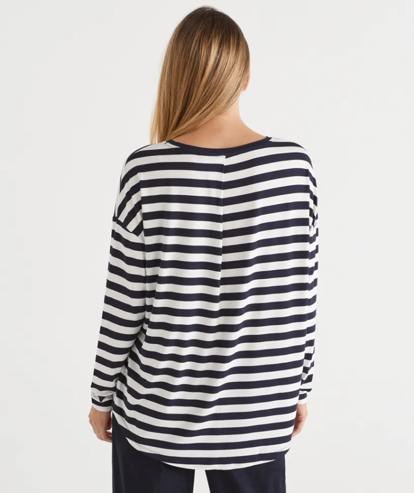Sussan Tops>Long Sleeve Stripe Pleat Back Top - INK