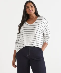 Sussan Tops|T-Shirts>Long Sleeve V Neck Stripe Pleat Back Tee - NAVY/WHITE