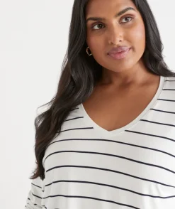 Sussan Tops|T-Shirts>Long Sleeve V Neck Stripe Pleat Back Tee - NAVY/WHITE