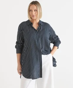 Sussan Tops|Shirts & Blouses>Longline Curved Hem Stripe Shirt