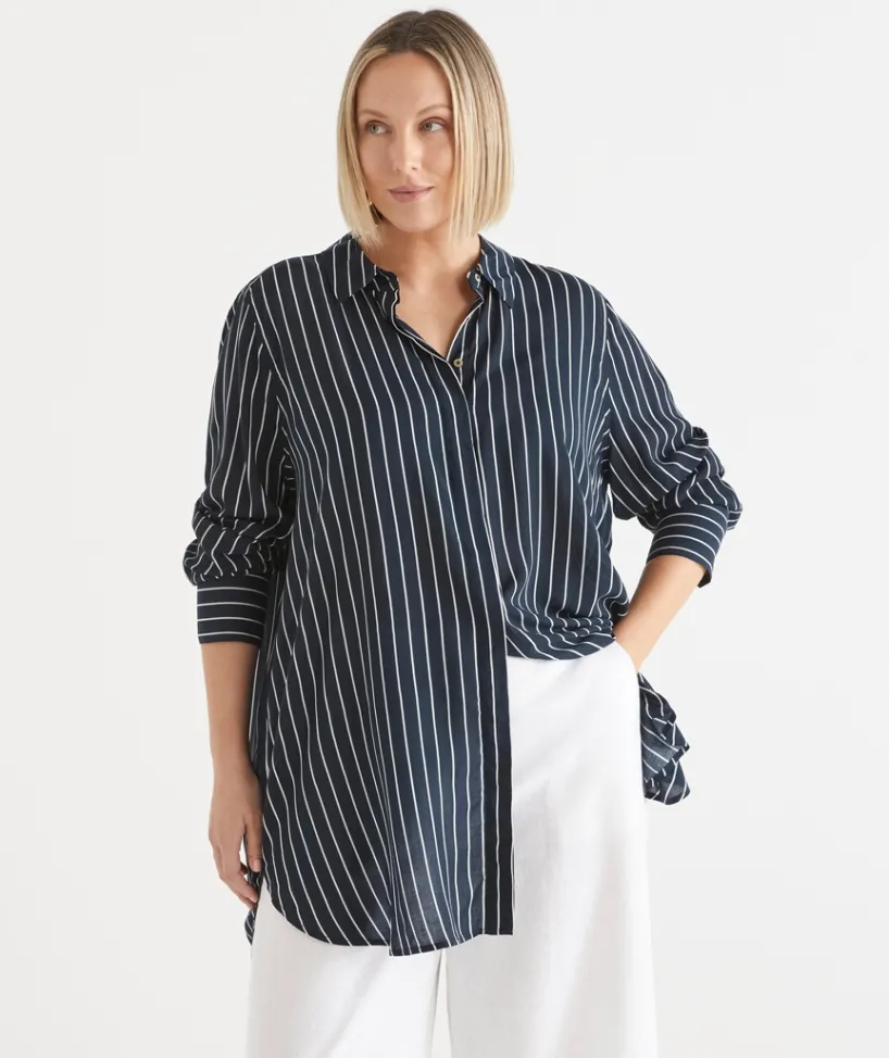 Sussan Tops|Shirts & Blouses>Longline Curved Hem Stripe Shirt