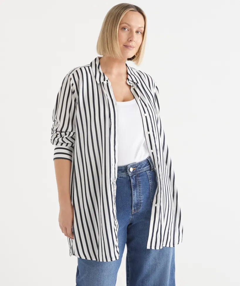Sussan Tops|Shirts & Blouses>Longline Curved Hem Stripe Shirt