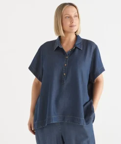Sussan Shirts & Blouses|Tops>Lyocell Collared Short Sleeve Shirt DARK WASH
