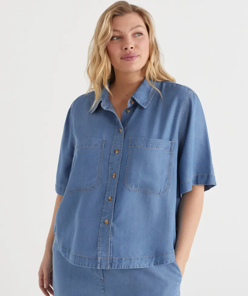 Sussan Tops|Matching Sets>Lyocell Scoop Hem Short Sleeve Shirt MID WASH