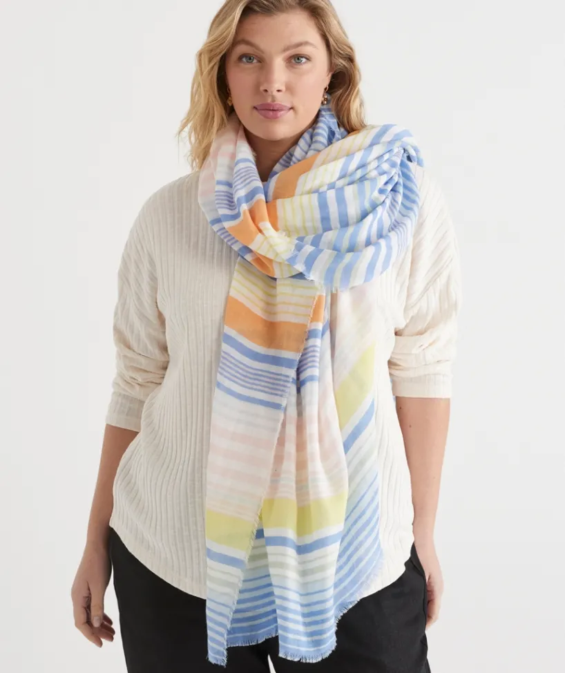 Sussan Scarves>Stripe Frayed Edge Scarf MINERAL