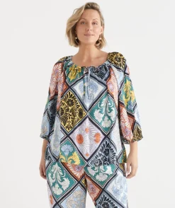 Sussan Tops|Matching Sets>Mosaic Print 3/4 Sleeve Blouse MULTI