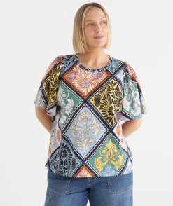 Sussan Tops|Matching Sets>Mosaic Print Short Sleeve Top MULTI
