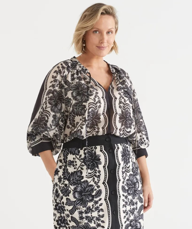 Sussan Tops|Matching Sets>Noir Bloom Long Sleeve Blouse BLACK