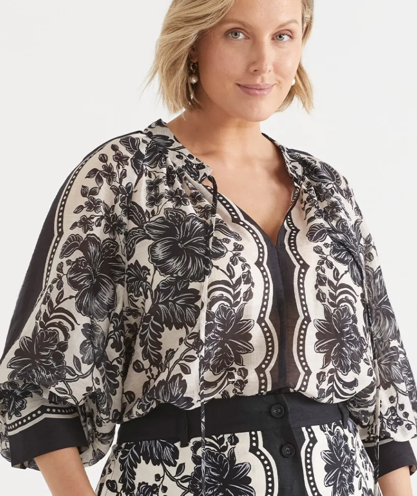 Sussan Tops|Matching Sets>Noir Bloom Long Sleeve Blouse BLACK