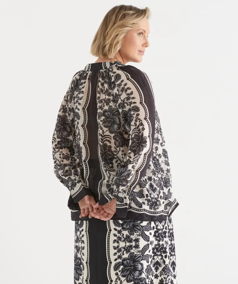 Sussan Tops|Matching Sets>Noir Bloom Long Sleeve Blouse BLACK