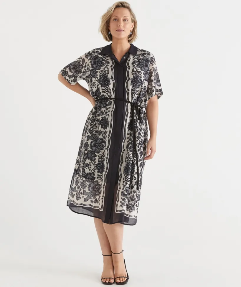 Sussan Matching Sets|Dresses>Noir Bloom Short Sleeve Midi Shirt Dress BLACK