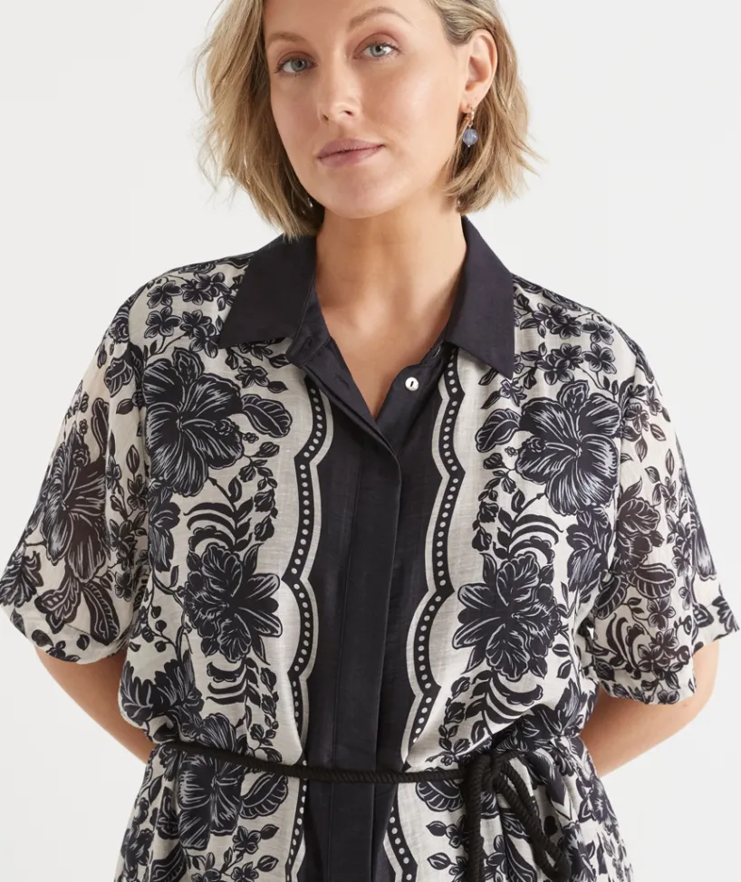Sussan Matching Sets|Dresses>Noir Bloom Short Sleeve Midi Shirt Dress BLACK