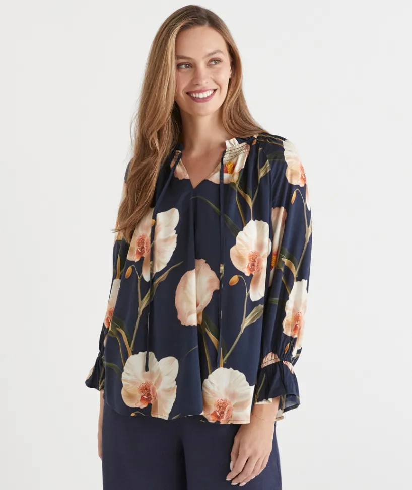 Sussan Tops|Shirts & Blouses>Orchid Floral Long Sleeve Blouse INK