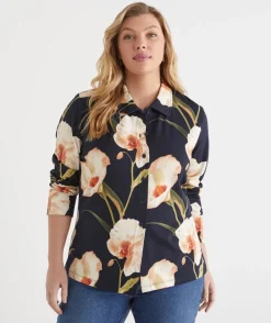 Sussan Tops|Shirts & Blouses>Orchid Floral Long Sleeve Jersey Shirt INK