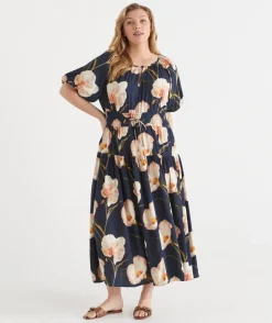 Sussan Dresses>Orchid Floral Short Sleeve Midi Dress INK