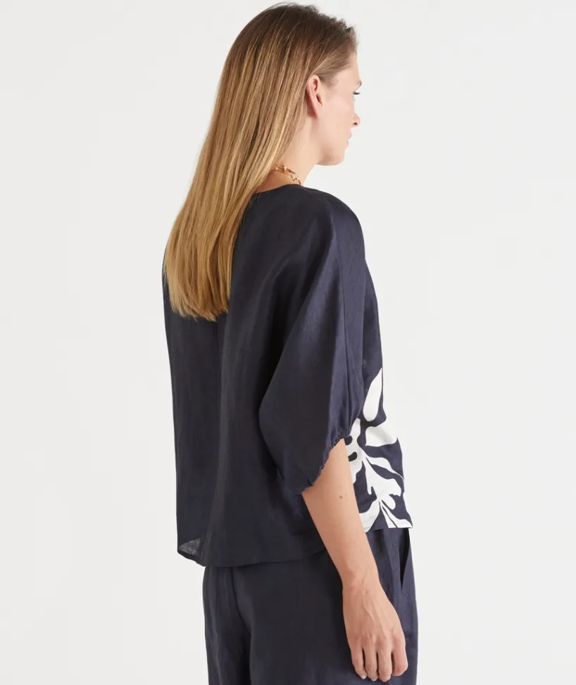 Sussan Tops|Matching Sets>Palm Print 3/4 Sleeve Top - MIDNIGHT