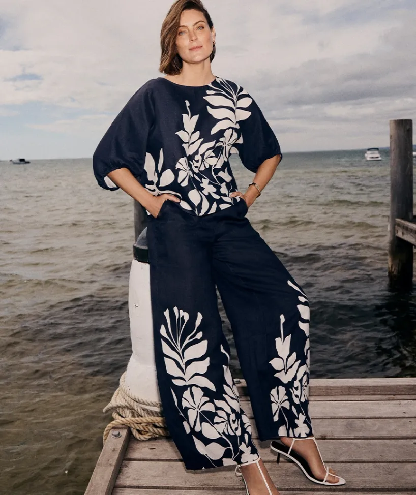 Sussan Tops|Matching Sets>Palm Print 3/4 Sleeve Top - MIDNIGHT