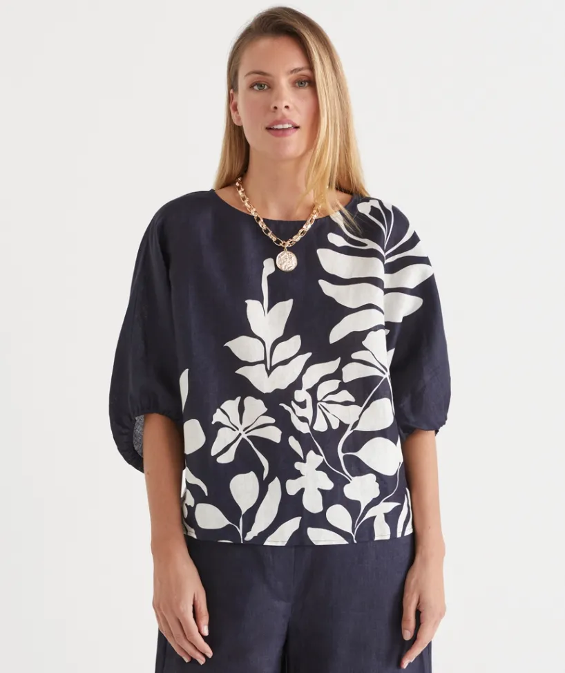 Sussan Tops|Matching Sets>Palm Print 3/4 Sleeve Top - MIDNIGHT