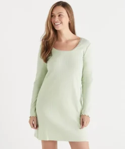 Sussan Denim|Nighties>Pointelle Long Sleeve Nightie SAGE GREEN