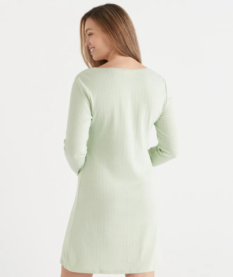 Sussan Denim|Nighties>Pointelle Long Sleeve Nightie SAGE GREEN