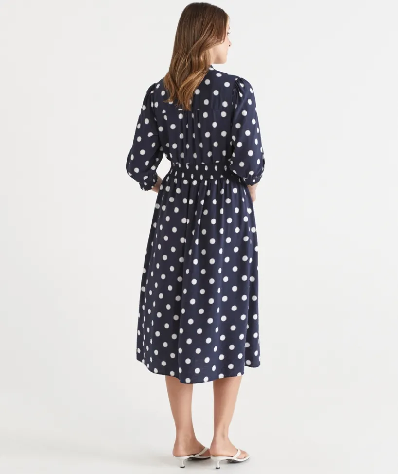 Sussan Dresses>Polka Dot Shirred Waist Dress INK