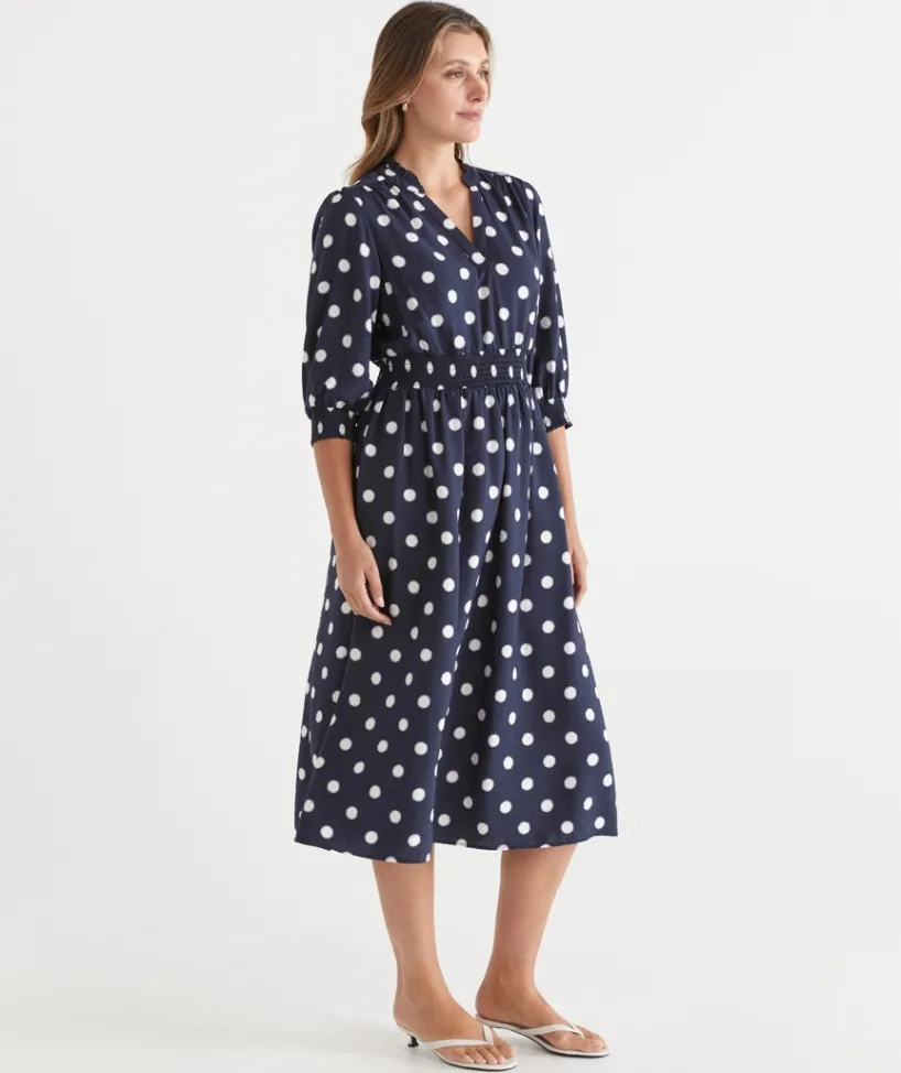 Sussan Dresses>Polka Dot Shirred Waist Dress INK