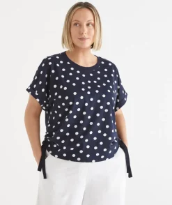 Sussan Tops|T-Shirts>Polka Dot Short Sleeve Ruched Side Top INK