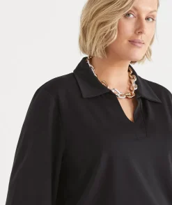 Sussan Tops|T-Shirts>Ponte 3/4 Sleeve Polo Top BLACK