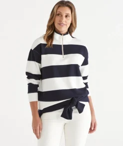 Sussan Tops|Loungewear>Quarter-Zip Stripe Jumper - MIDNIGHT