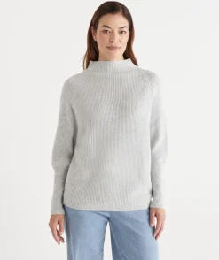 Sussan Tops|Knitwear>Ribbed Batwing Jumper SILVER MARLE
